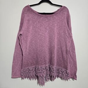 Angela Mara Womens Top Size M Dark Pink Long Sleeve Cotton Lace Hem Boho Casual